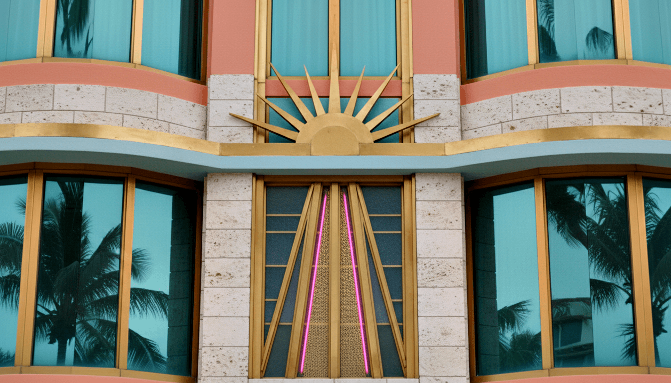 Art Deco façade: gold sunburst above entrance, magenta neon chevron door, teal windows, coral and blue banding.