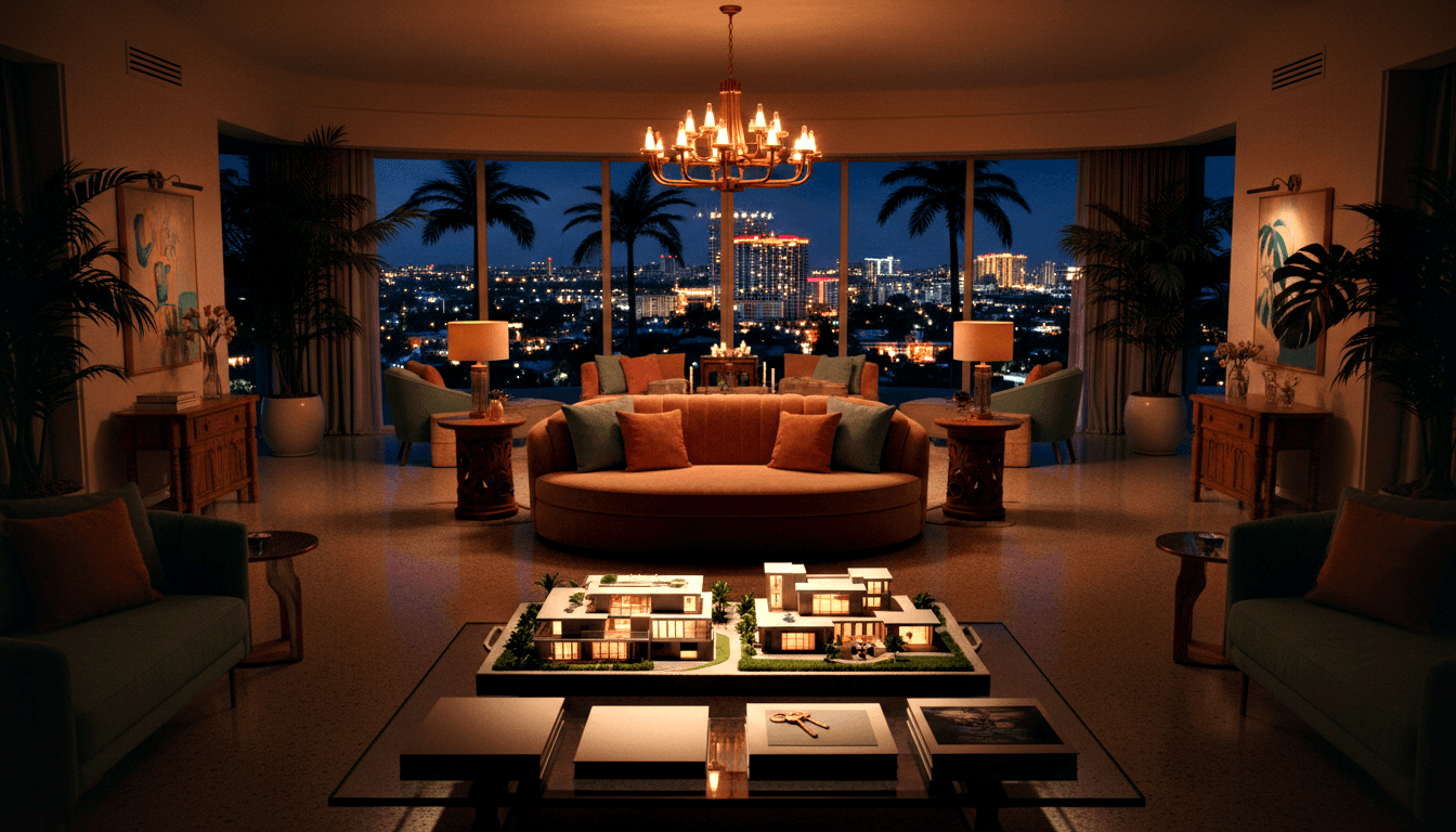 CGI living room at night with circular coral sofa, teal armchairs, brass chandelier, and panoramic windows showing a palm-tree skyline.