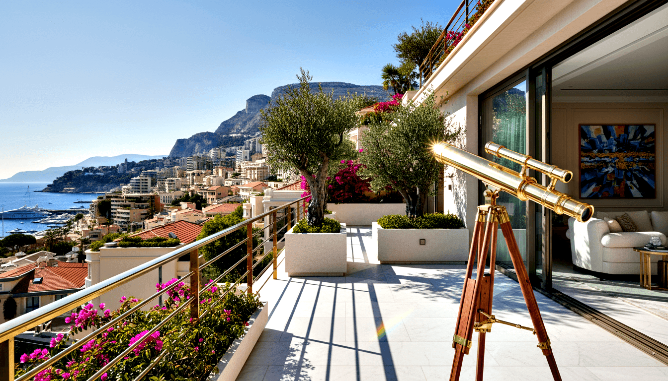 Brass telescope on mahogany tripod on marble-tile terrace with gold railings overlooking harbor, yachts, and coastal cityscape.