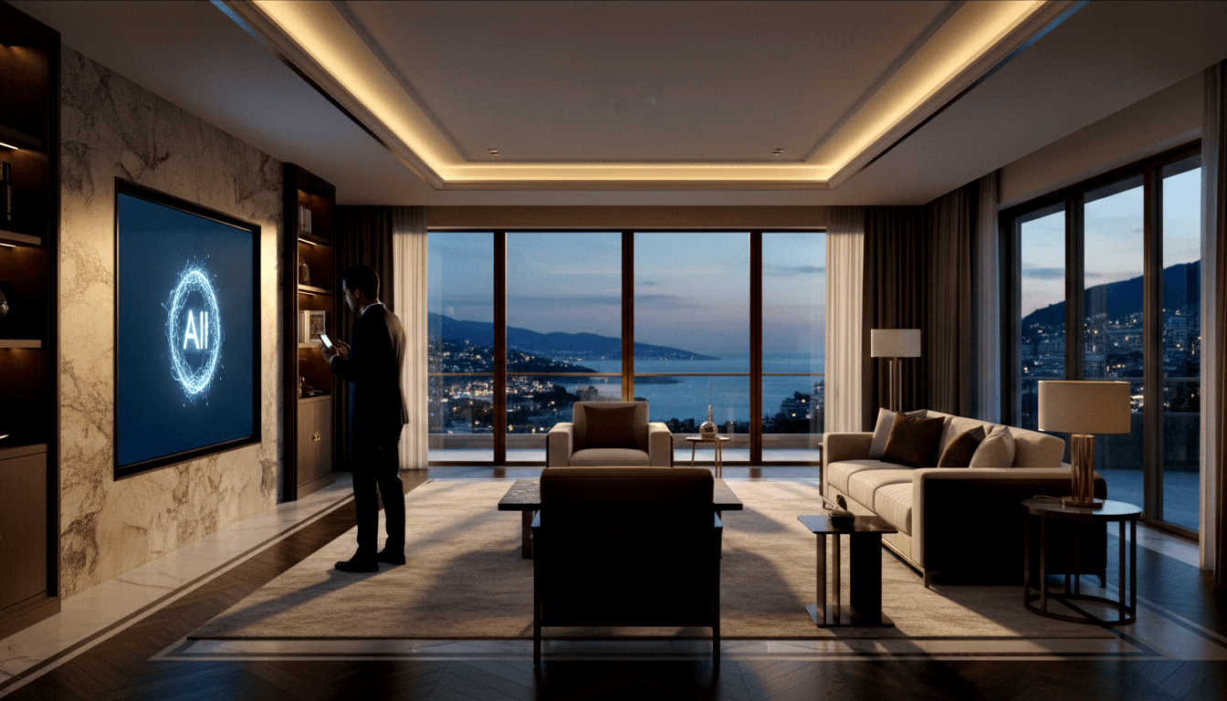 Man in dark blazer holds smartphone facing wall-mounted glowing AI display; amber-lit room with marble wall, coastal night view.