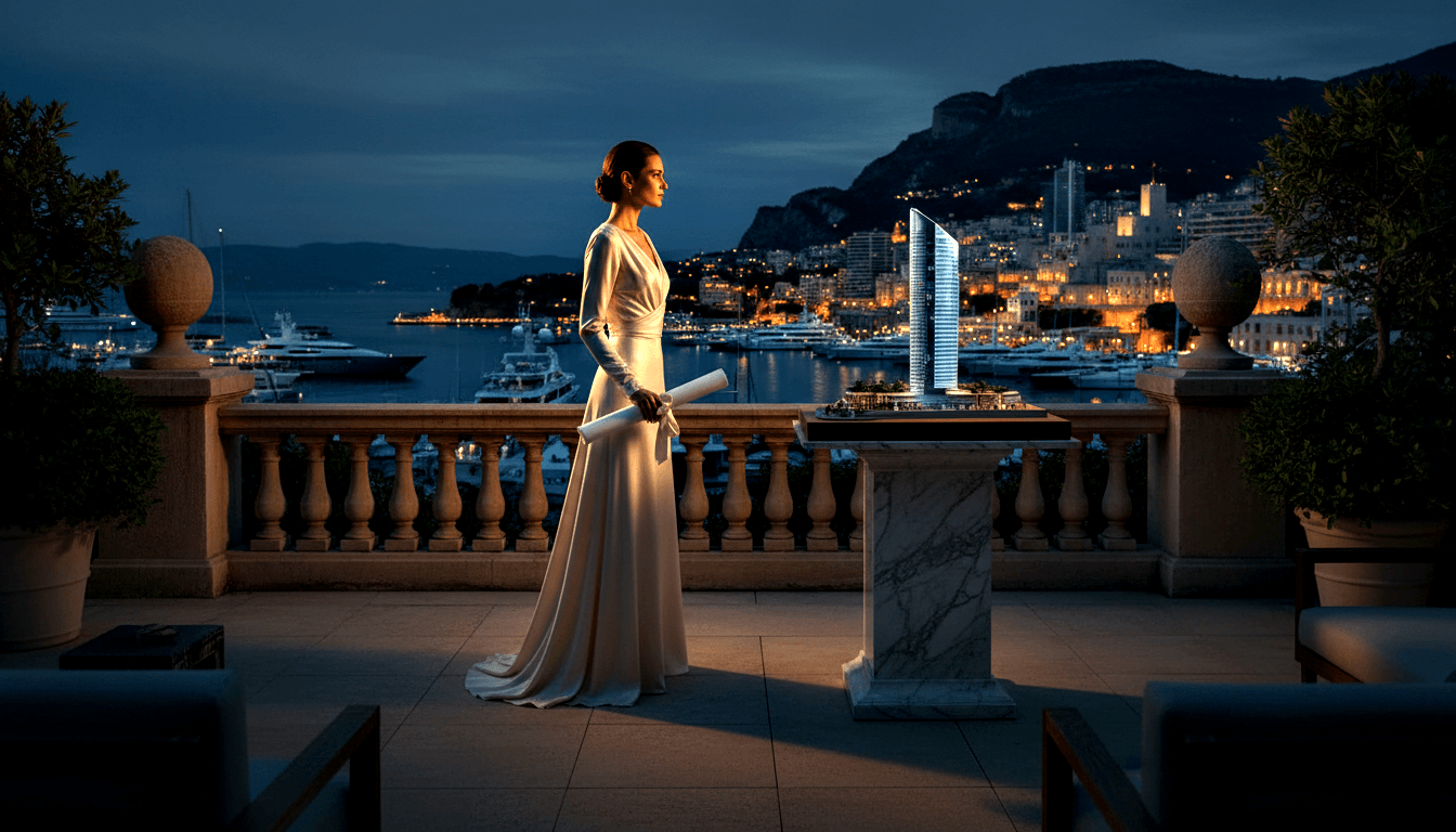 Woman in white gown holding rolled documents beside a glowing glass skyscraper model on a marble pedestal, stone terrace at night.