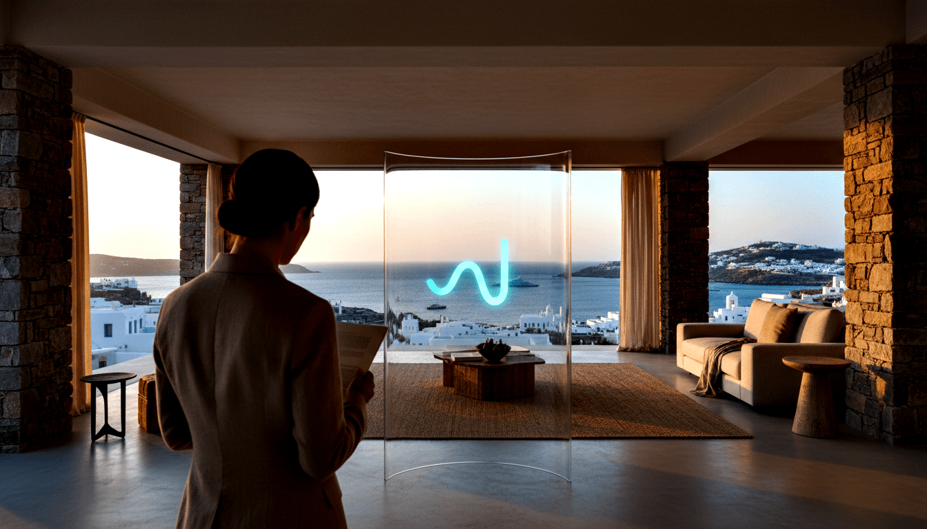 Woman with dark updo and beige blazer, holding papers, faces a glowing cyan wave symbol on a tall glass panel in a stone-walled interior.