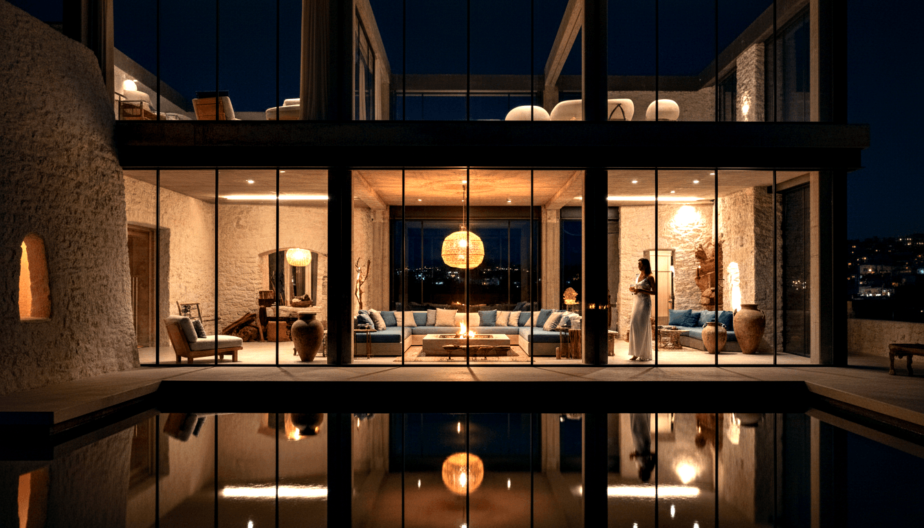Stone and glass two-story building at night; lit interior shows pendant light, teal sofa, urns, woman in white dress, pool reflects glow.