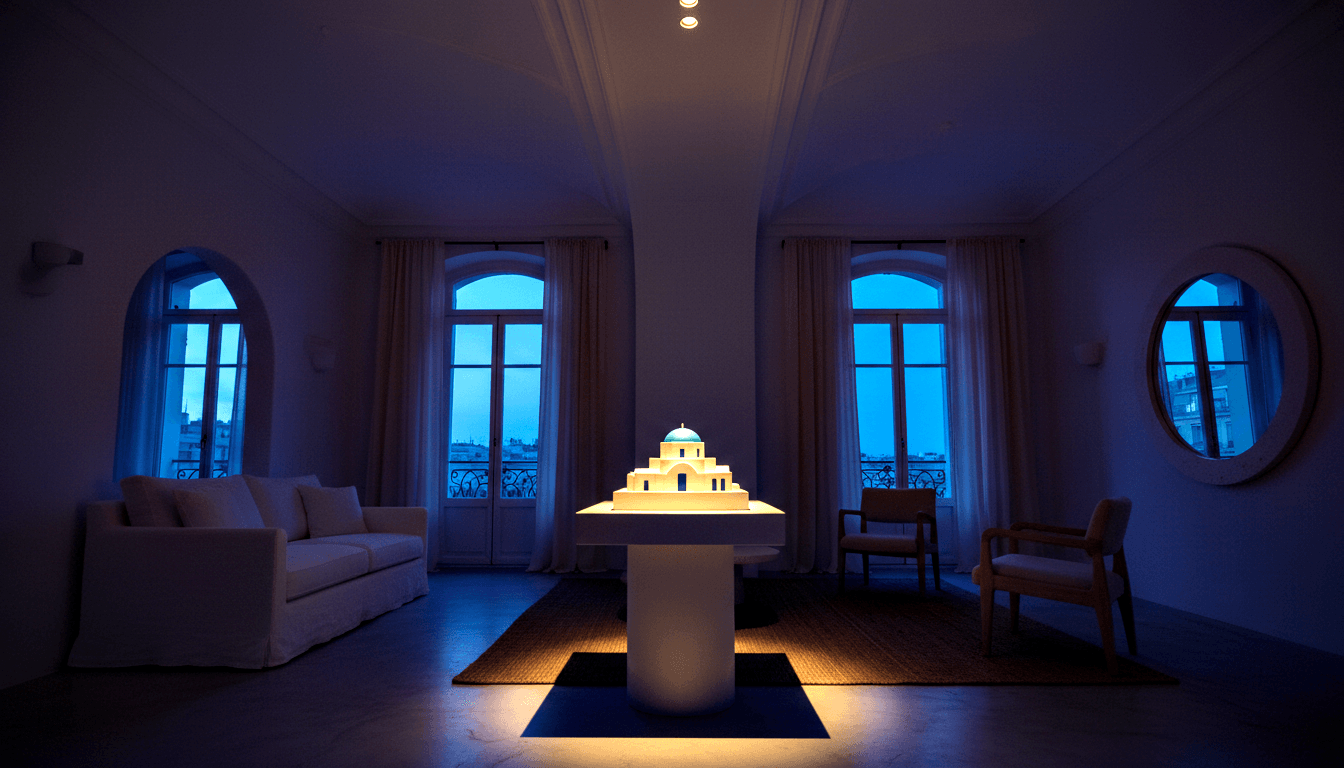Glowing white tiered architectural scale model with teal dome on pedestal, flanked by arched French windows, in a dimly lit blue room.