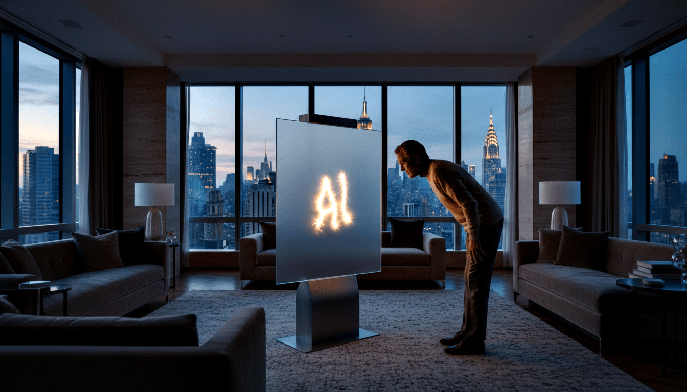 Man in light top and gray trousers leans forward examining a frosted panel on a metallic pedestal displaying 'AI' in glowing flames.