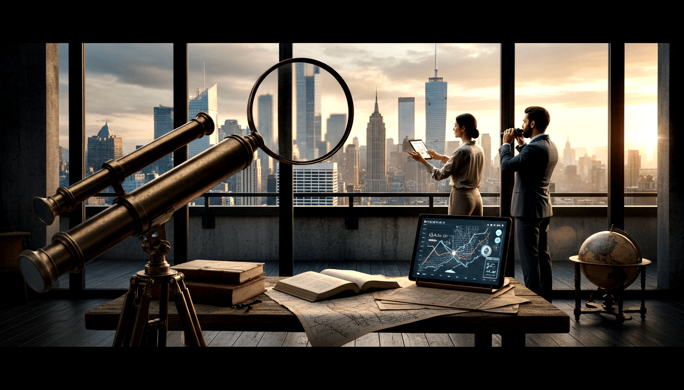 Two professionals at golden-hour windows; woman holds chart tablet, man uses binoculars; table has maps, telescope, globe.