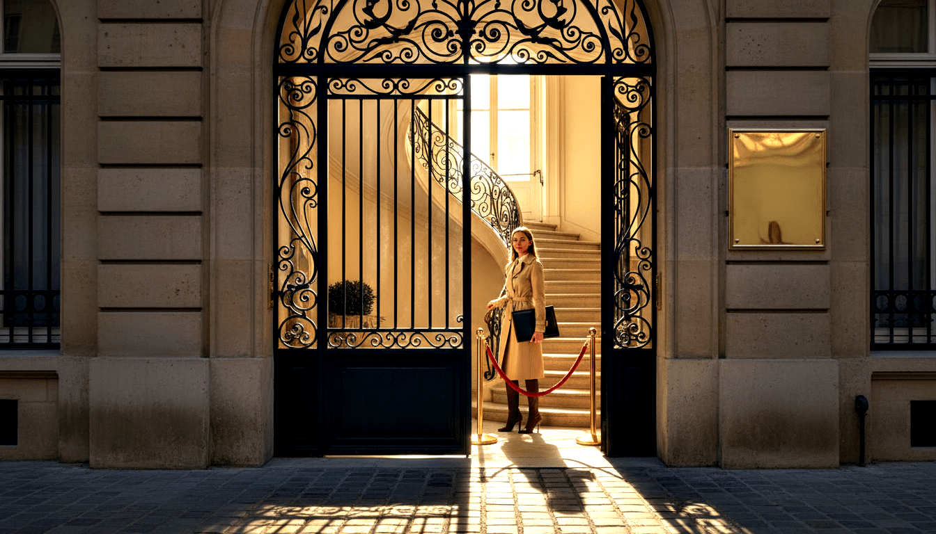 Woman in beige trench coat and dark knee-high boots holds folder at ornate black wrought-iron arched gate of classical stone building.