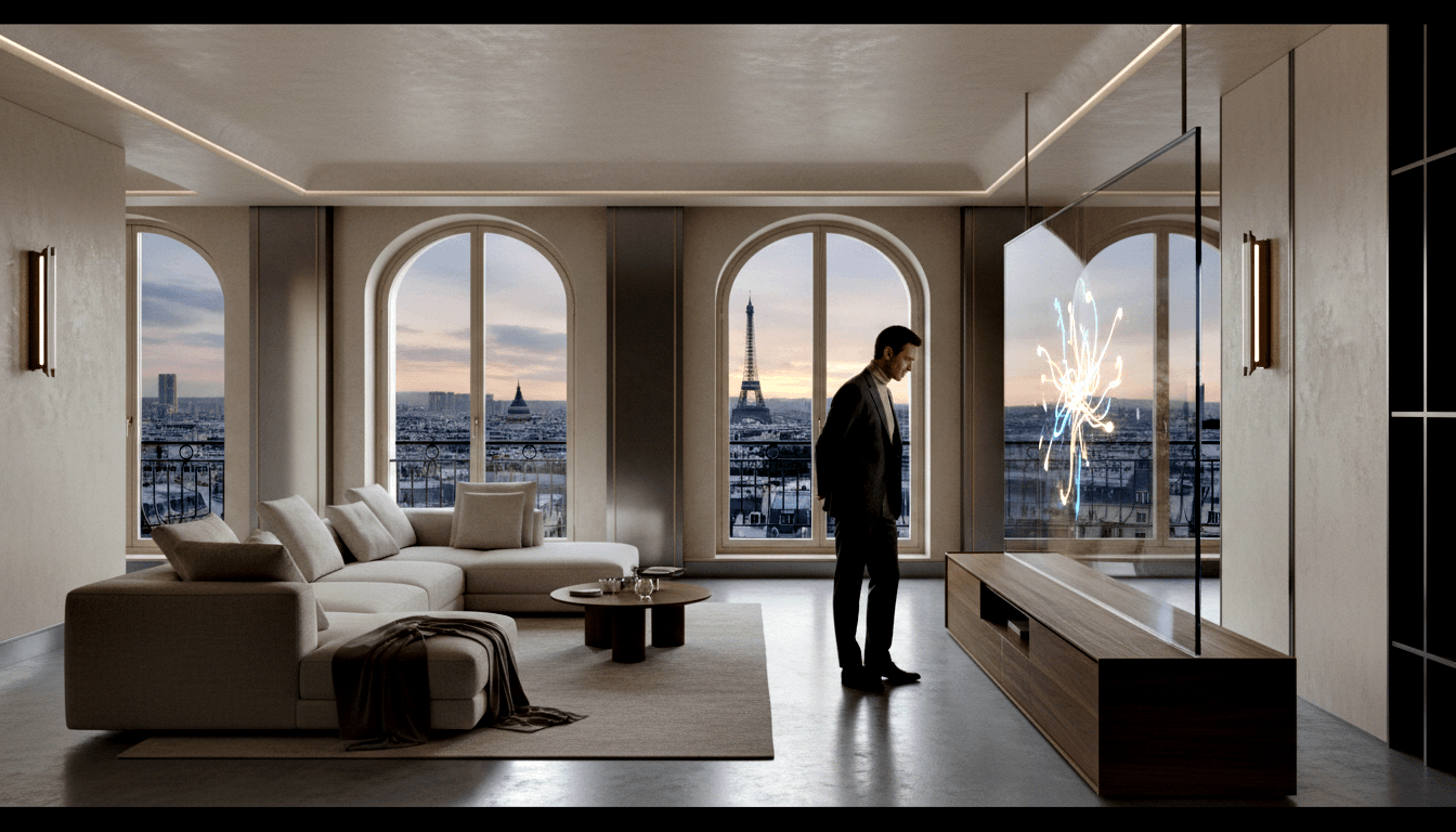 Man in dark suit facing glowing cyan-white panel; arched windows show twilight cityscape with iron tower. CGI render.