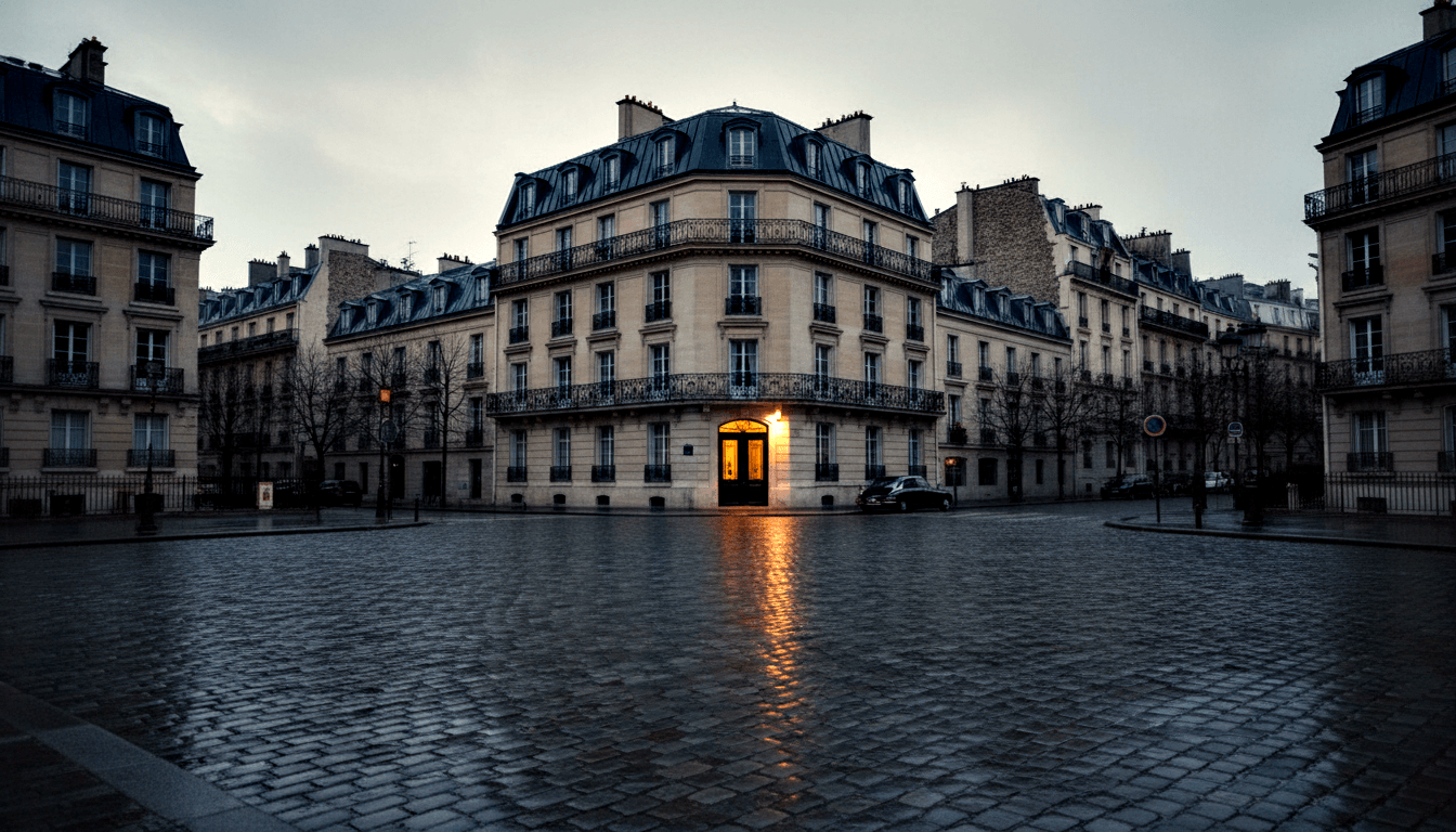 Cream limestone corner building with iron balconies and mansard roof on wet cobblestone plaza flanked by winter trees under gray sky.