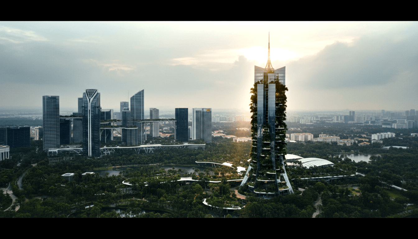 Aerial CGI of twin supertall skyscrapers with cascading trees on terraces and facades; taller tower has a golden sunlit spire.