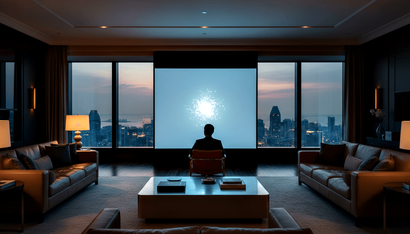 Person in suit seated in red-orange chair, back to viewer, facing a bright orb on a large screen in a symmetrical room with urban skyline views.