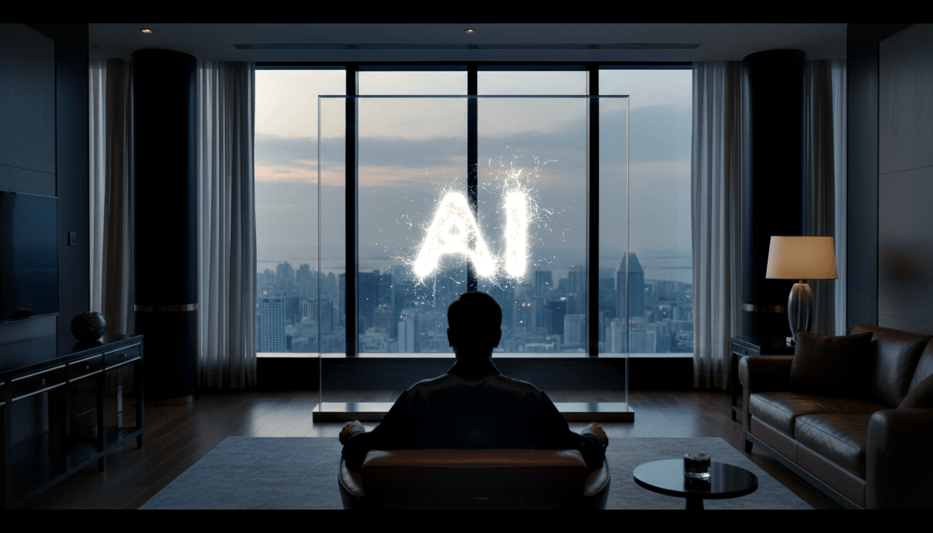 Person in armchair facing glowing transparent 'AI' display, twilight city skyline visible through floor-to-ceiling windows.