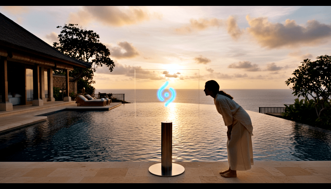 Woman in white bathrobe examining a glowing cyan holographic spiral rising from a metallic pedestal on a stone terrace at sunset.