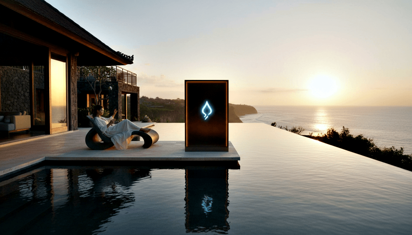 Clifftop infinity pool at sunset with a woman in white reclining on a lounge chair and an illuminated kiosk at the pool's edge.