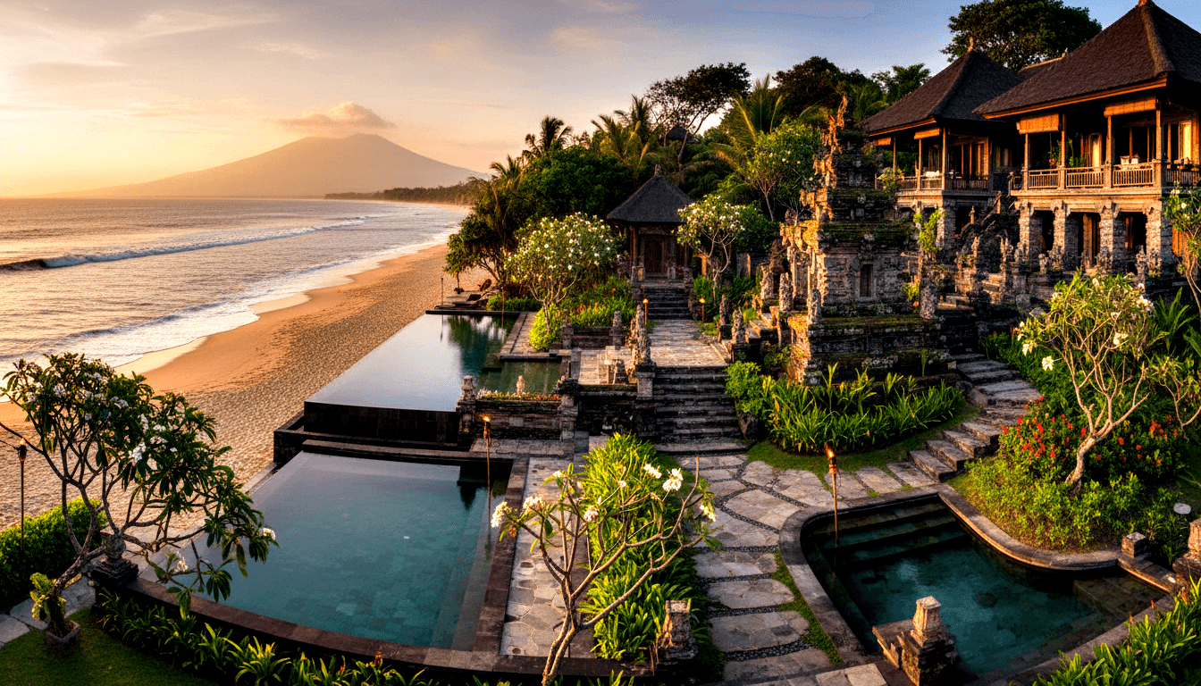 Terraced beachfront villas with infinity pools, Hindu stone carvings, thatched pavilions, and a stratovolcano at golden hour.