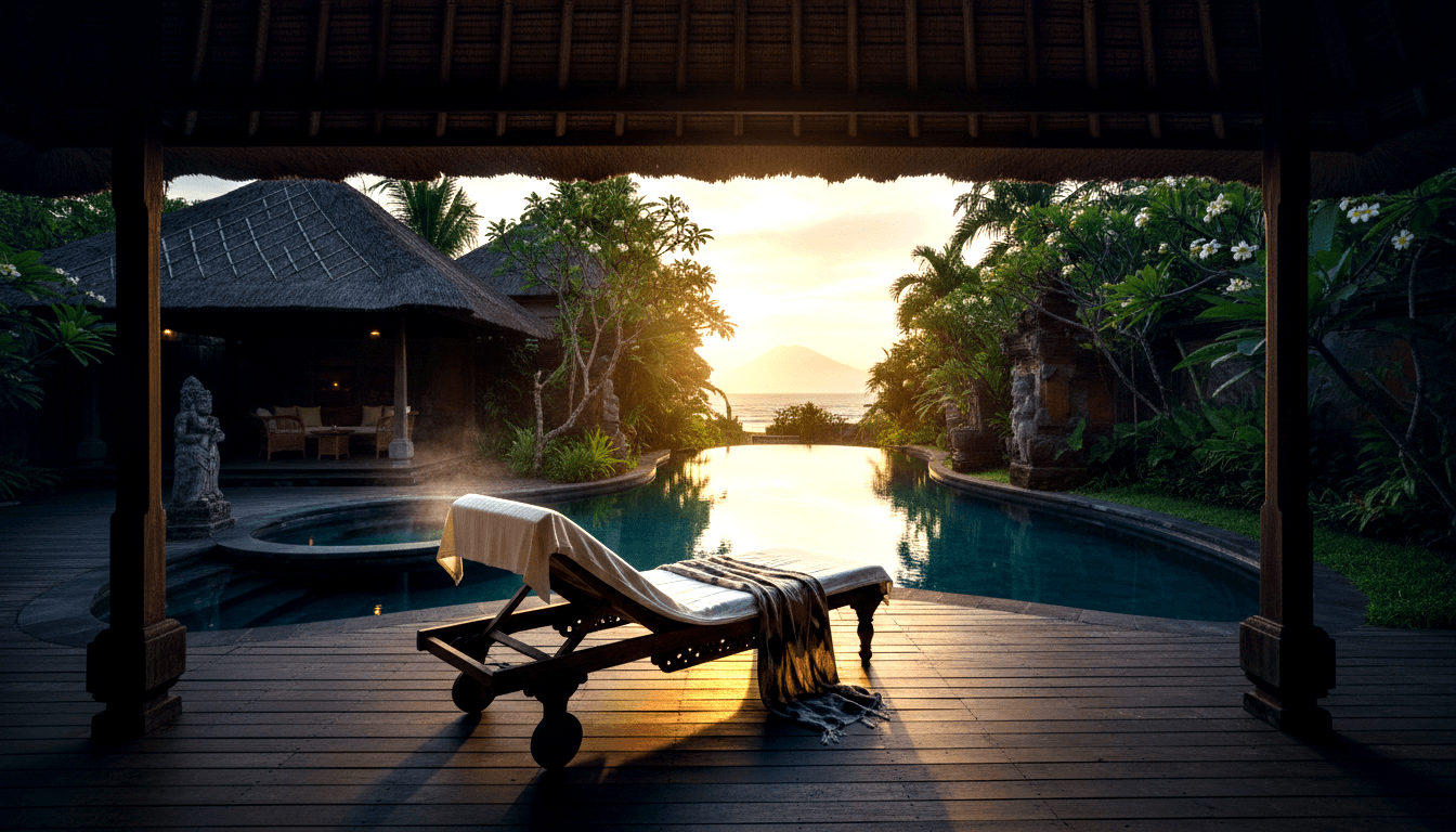Wooden lounger with white cushions on a deck overlooks infinity pool, ocean horizon, mountain, and thatched pavilions at sunset.