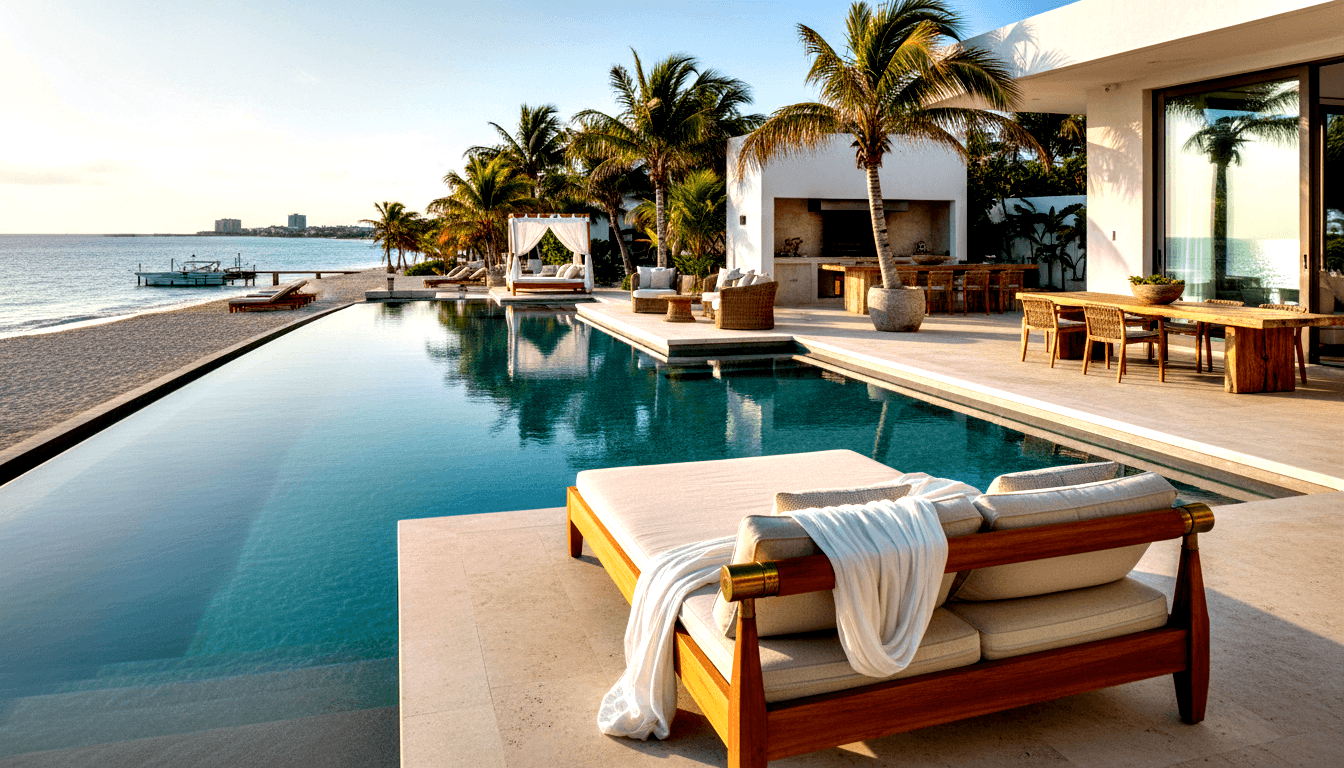 Beachfront terrace with wood-framed daybed, infinity pool merging into white sand and calm ocean, palm trees, and faint skyline at golden hour.