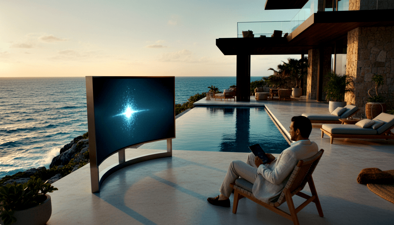Man in cream suit on clifftop terrace holds tablet facing curved TV on arc stand; infinity pool and sunset ocean behind.