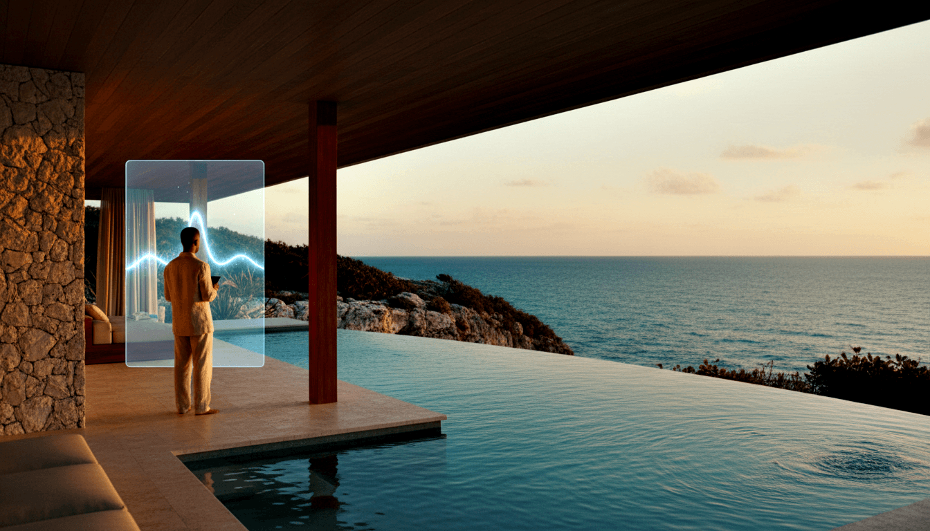 Person in beige linen on a stone terrace gesturing at a glowing cyan waveform panel, with an infinity pool merging into a teal ocean beyond.