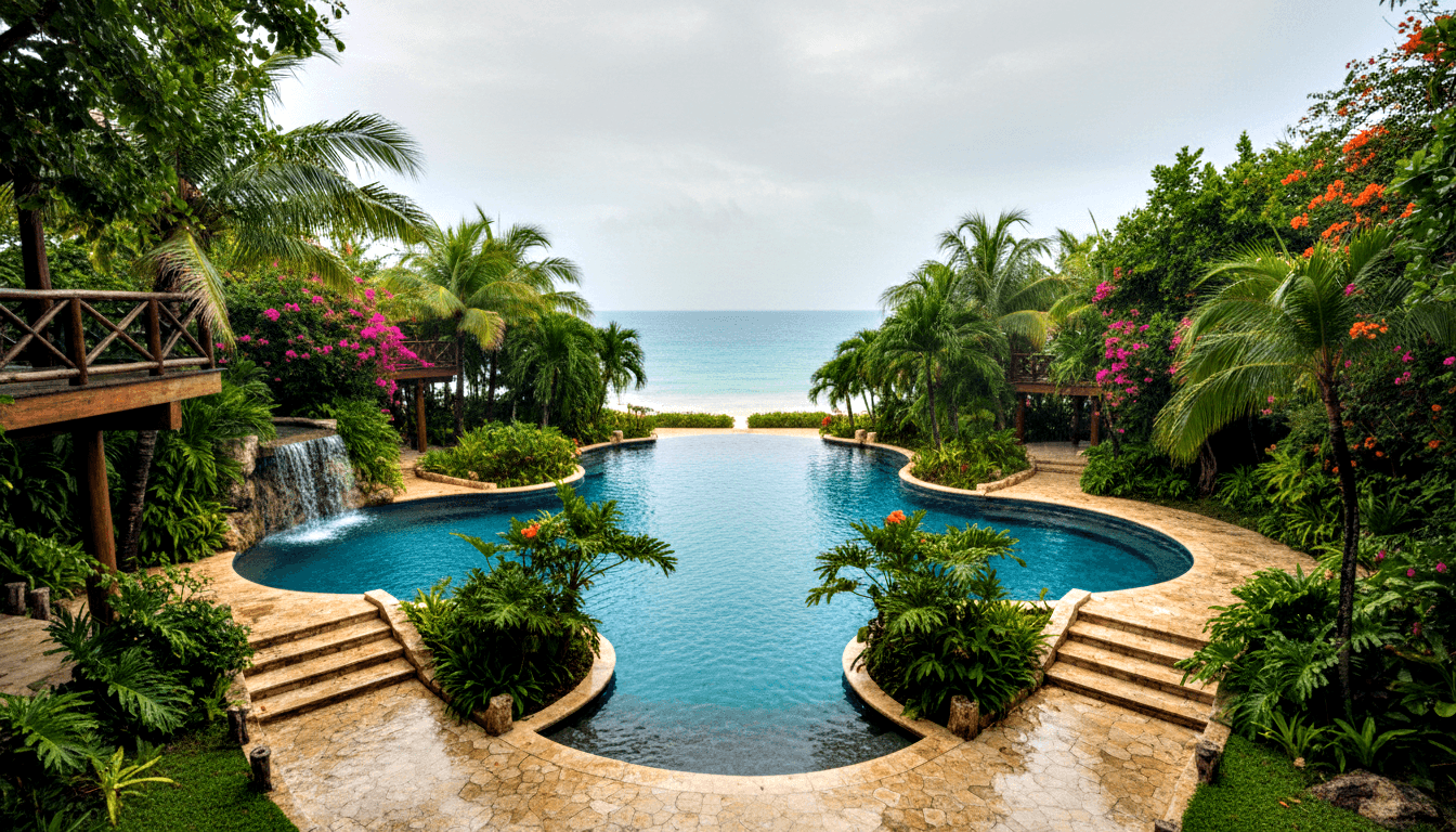 Freeform infinity pool with stone waterfall, travertine decking, magenta bougainvillea, and a central palm corridor framing a blue-grey ocean.