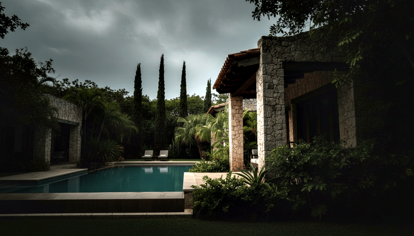 Rectangular teal pool beside a covered pavilion with thick columns and terracotta tile roof, backed by cypress trees under an overcast sky.