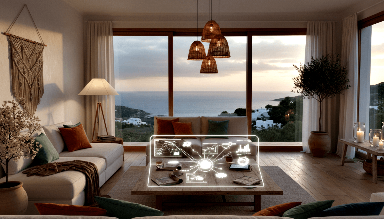 CGI living room with coffee table projecting cyan holographic data display; coastal dusk view through floor-to-ceiling windows.