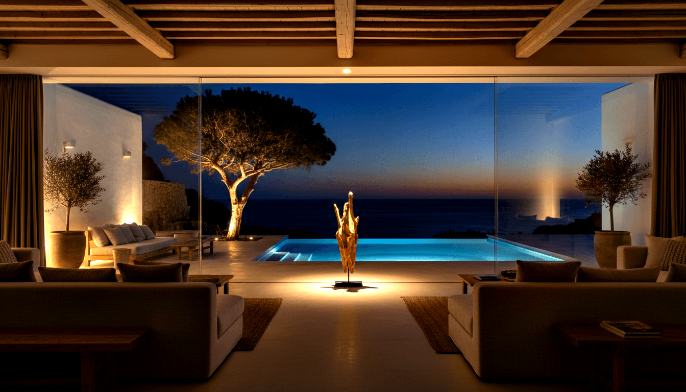 Symmetrical living room opens to terrace with aqua infinity pool and dark blue sea; two taupe sofas flank driftwood sculpture.