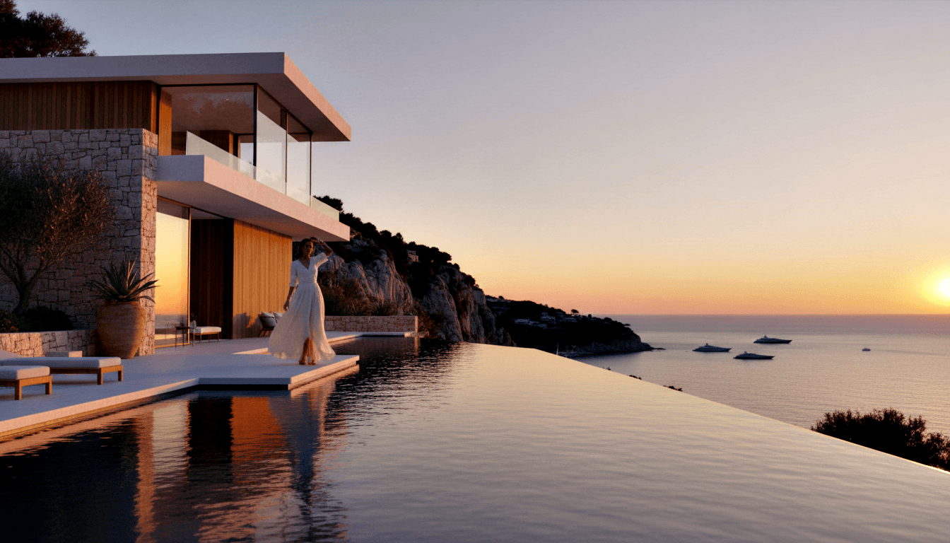 Woman in white dress stands at infinity pool edge facing golden-orange sunset, with stone villa, calm sea, and small vessels visible.