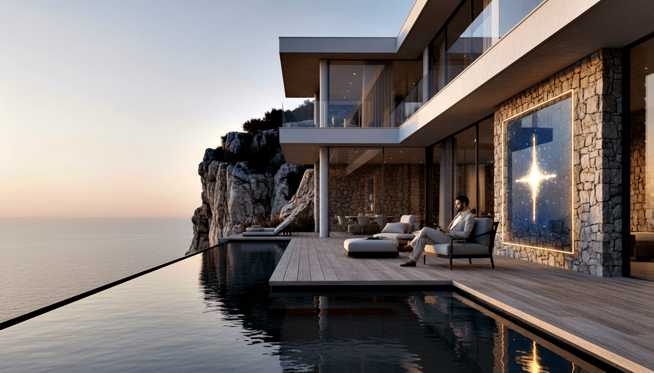 CGI cliffside villa at dusk with infinity pool, wooden deck, warm lit glass walls, and man reclining on lounge chair.