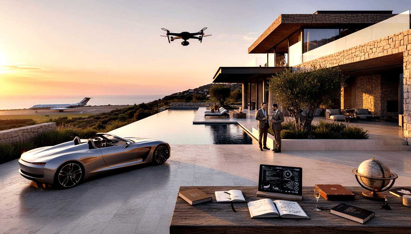CGI hillside stone villa terrace at sunset with open books, laptop, drone, convertible, infinity pool, suited men, and distant private jet.
