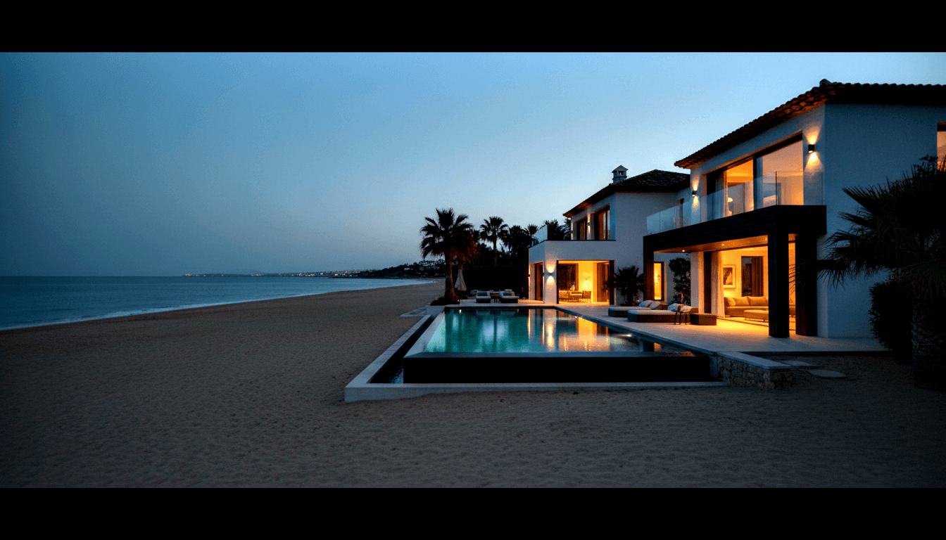 Two-story white villa with terracotta roof beside a teal-lit pool at a sandy beachfront under a deep blue dusk sky.