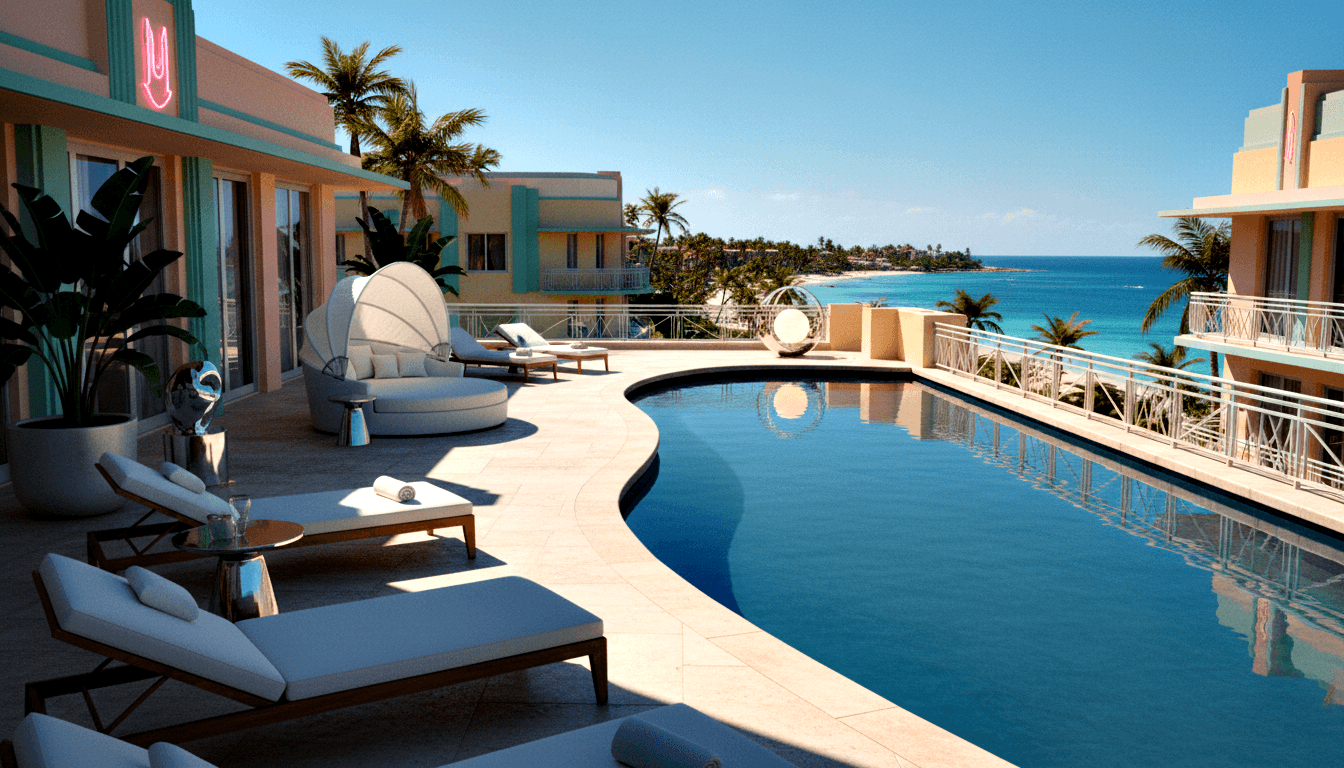 CGI resort pool terrace with curved turquoise pool, white loungers, shell-shaped canopy daybed, and ocean view framed by pastel pink buildings.