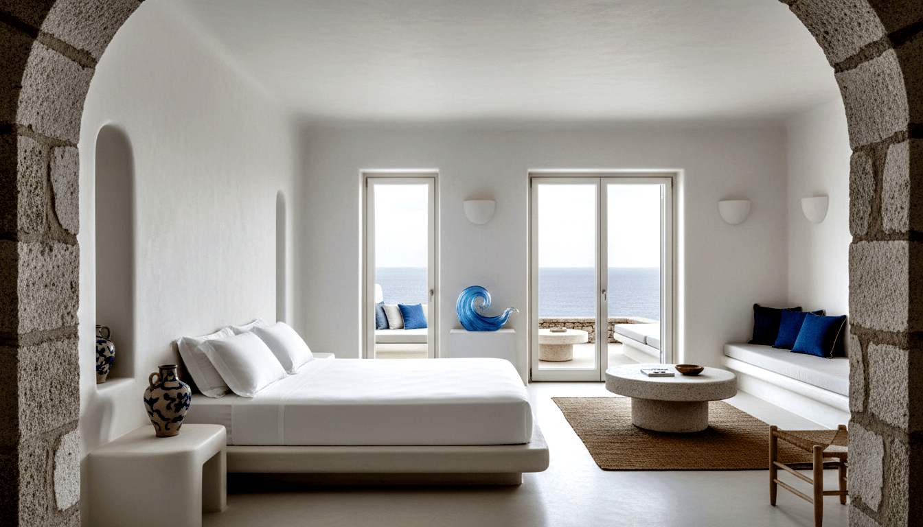 Whitewashed bedroom through stone arch: white platform bed, stone table, jute rug, navy accents, French doors to sea-view terrace.