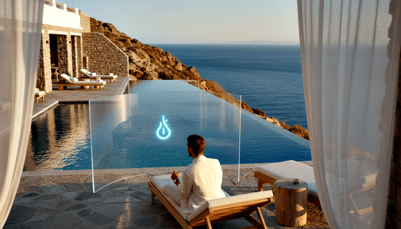 Man in white linen on wooden sun lounger facing infinity pool and ocean, with a floating holographic panel showing a cyan flame icon.