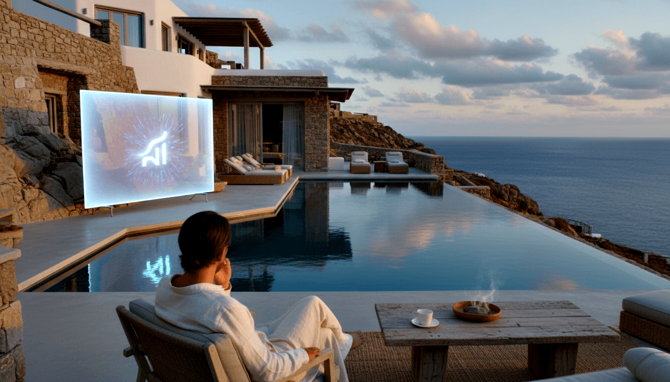 Person in white robe faces glowing screen with arrow symbol on stone terrace; infinity pool merges with ocean under pink dusk sky.