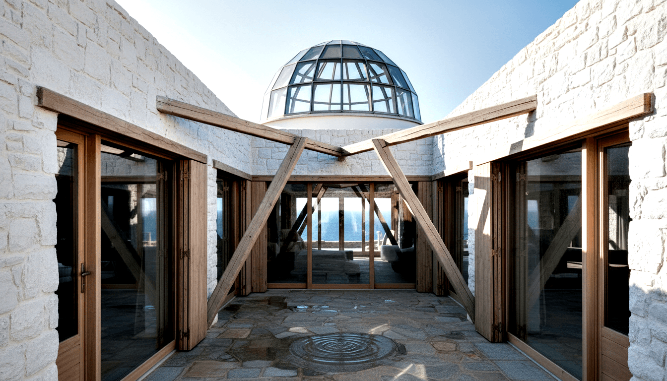 Symmetrical stone passageway with X-frame timber beams, geodesic glass dome at apex, spiral paving, opening to water and blue sky.