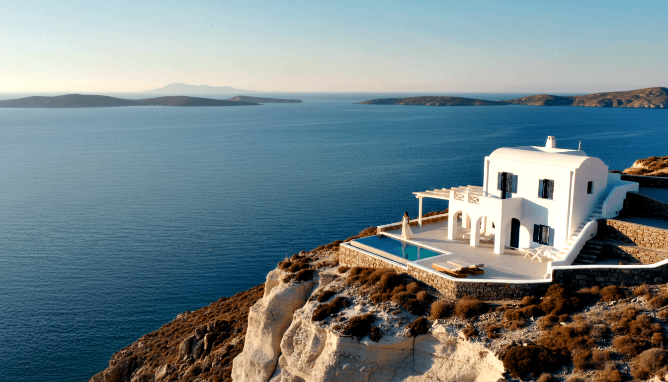 Whitewashed domed villa with blue shutters on coastal cliff; infinity pool and terrace at edge, figure overlooking vast blue sea.