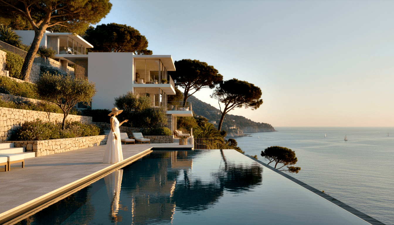 Modernist hillside villa, glass facades, infinity pool at golden hour; woman in pale dress and wide-brimmed hat faces the sea.