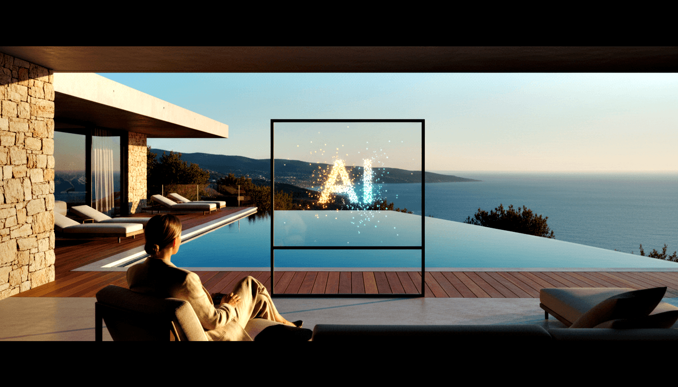 Person seen from behind on terrace by infinity pool; holographic 'AI' in gold and cyan floats above water at golden hour.