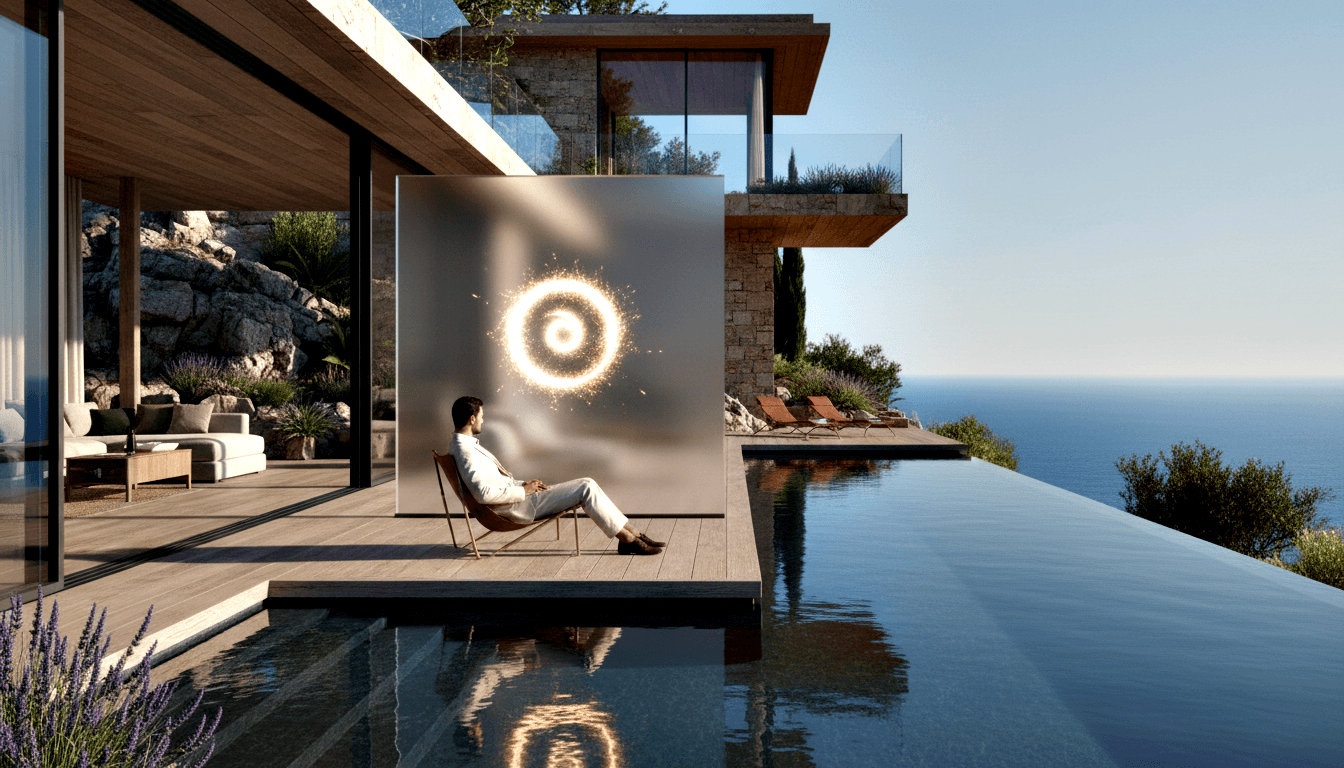 Man in white suit seated in a reddish-brown lounge chair on a wood deck, facing a large metallic panel displaying a glowing golden spiral vortex.