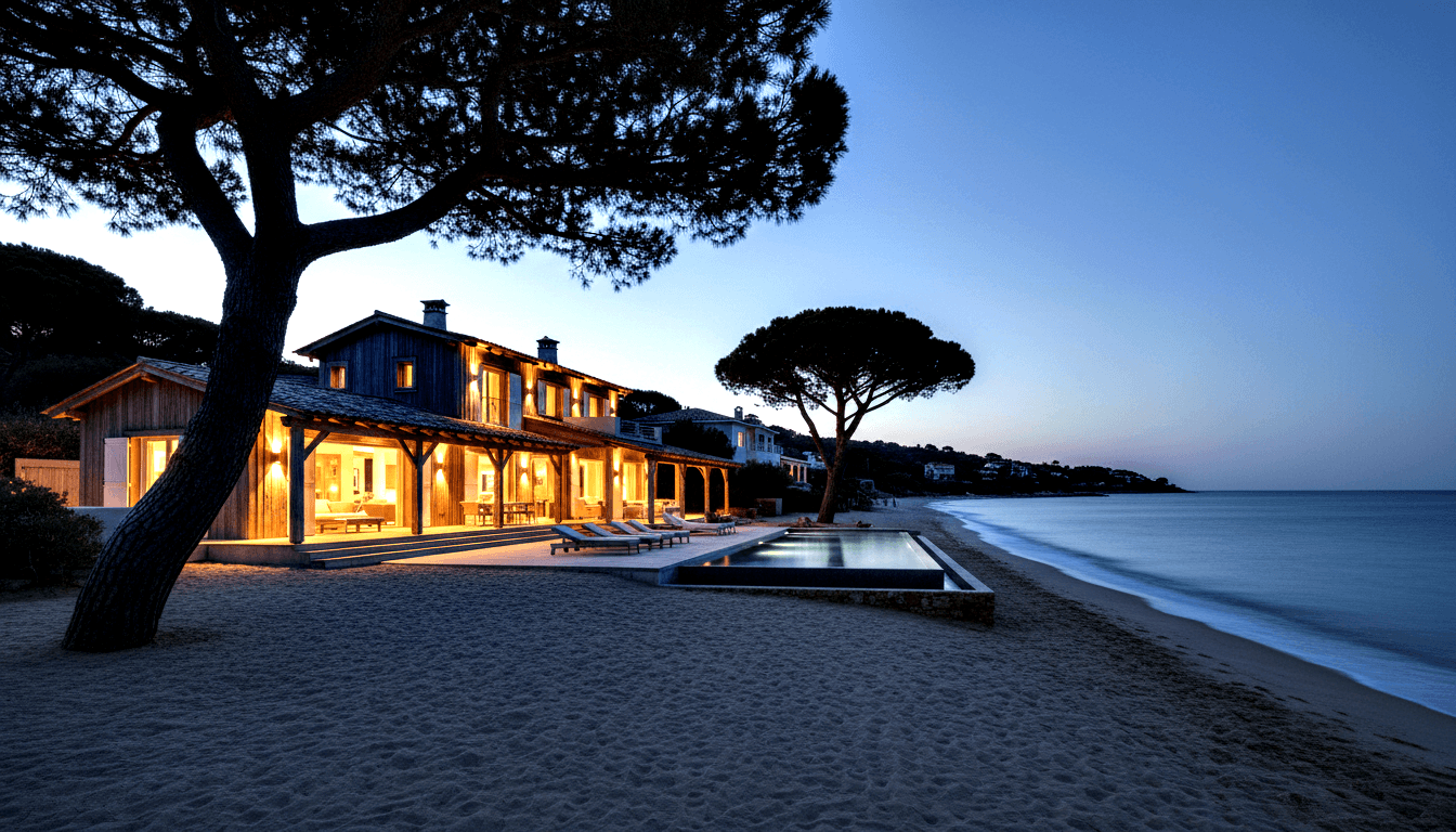 Two-story timber-clad villa on a sandy beach at twilight with a rectangular turquoise pool, sun loungers, and steps to the shore.