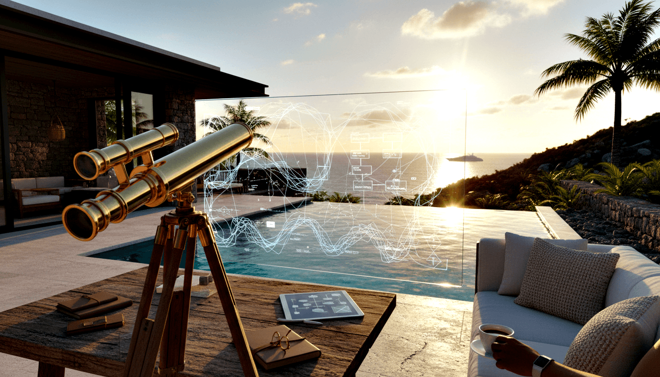 CGI ocean terrace at sunset with brass telescope on tripod, holographic display over infinity pool, and hand holding white mug.
