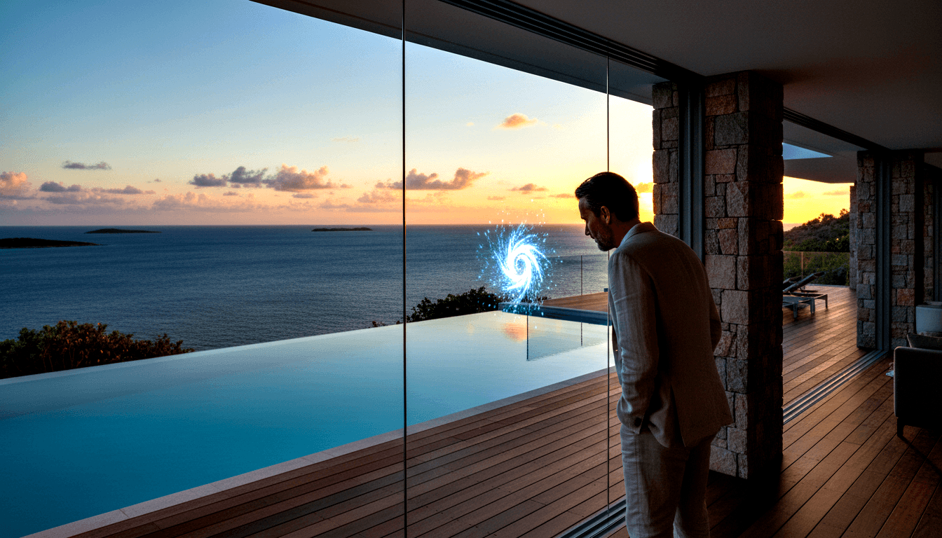 Man in cream suit on deck gazes at blue-white spiral vortex; infinity pool merges with sunset ocean behind him.