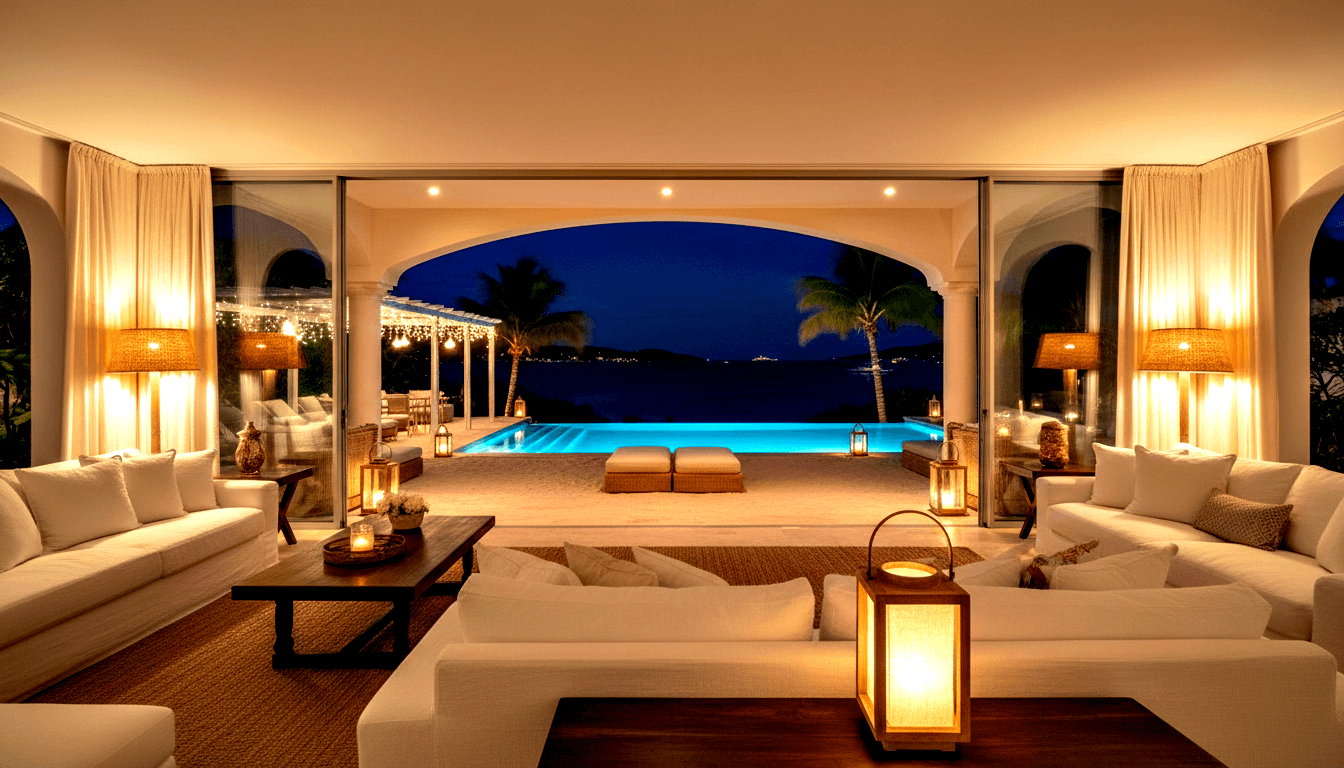 White sofas and rattan lamps flank an arched opening to a turquoise infinity pool and dark ocean horizon at night.