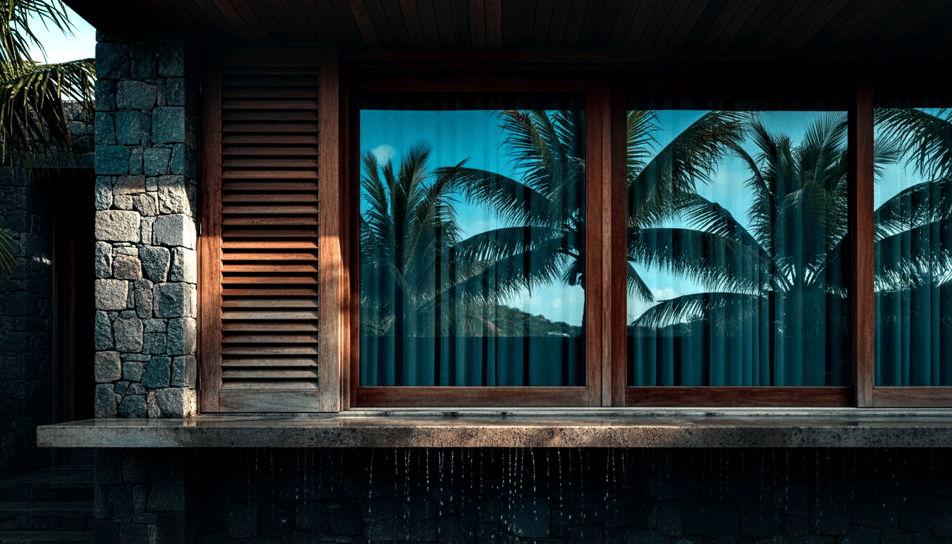 Resort villa exterior with large wooden-framed windows, teal curtains, volcanic stone wall, louvered shutters, and wet concrete ledge near pool.