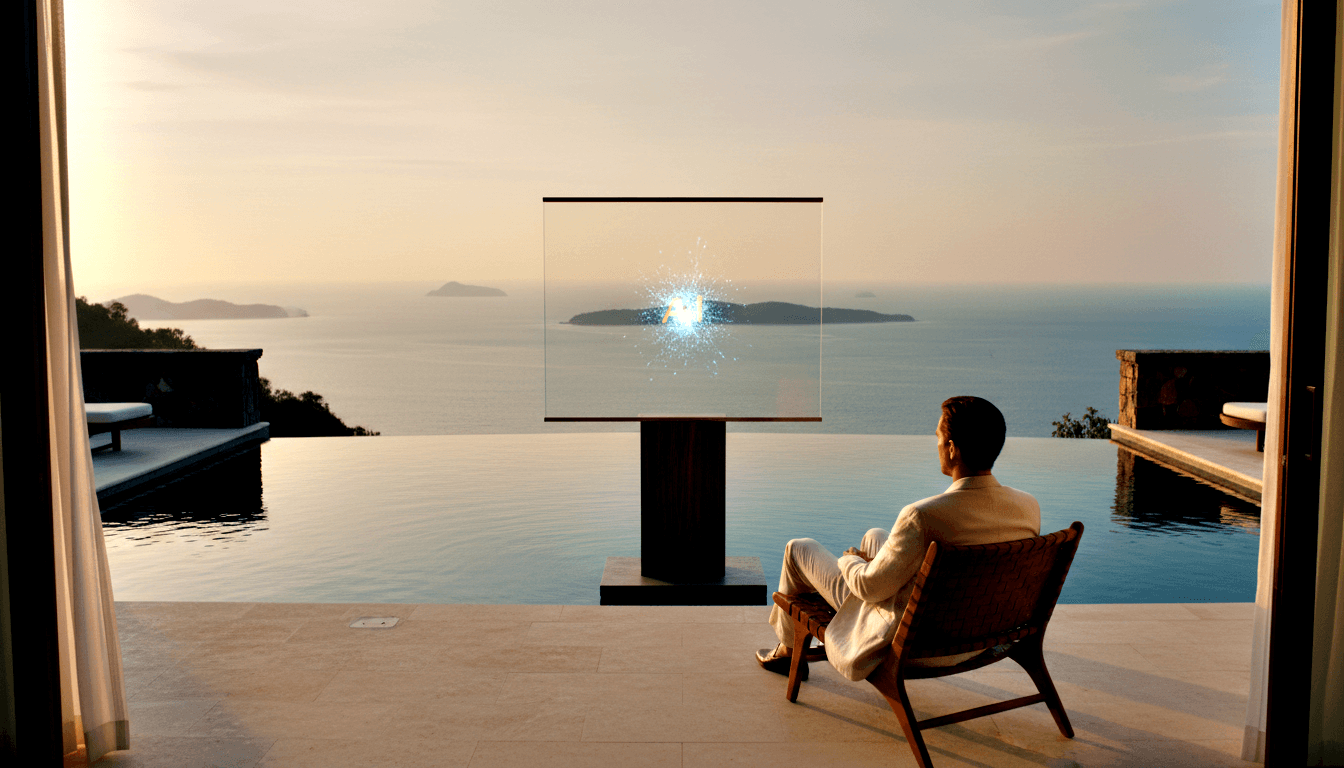 Man in cream outfit sits facing glowing glass panel by infinity pool merging with ocean under golden-hour sky.