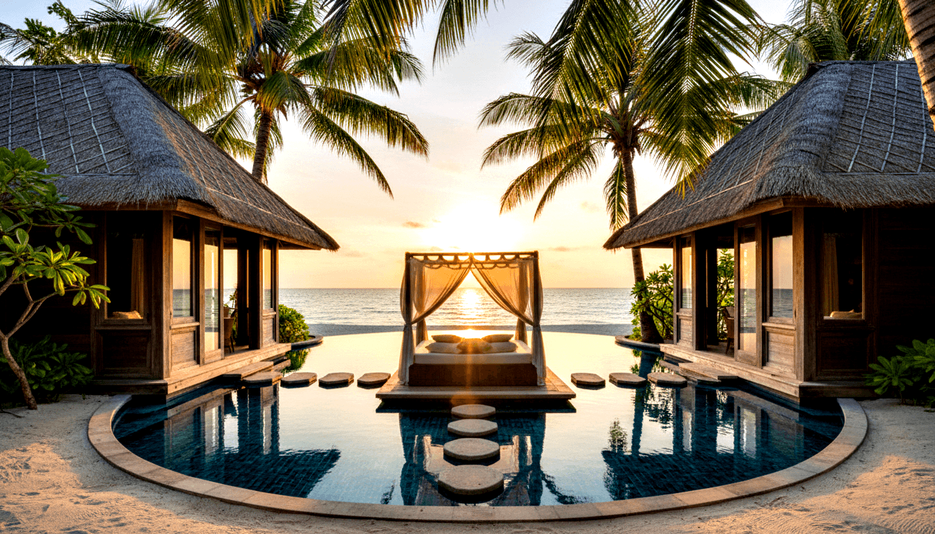 Circular infinity pool with deep teal water surrounding a center island with a four-poster daybed and sheer white curtains at golden hour.