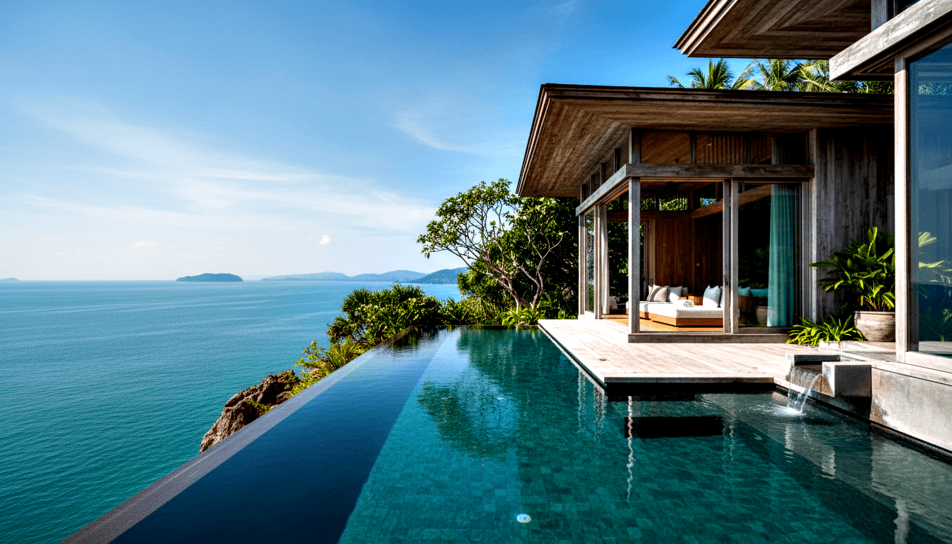 Infinity pool merging with turquoise sea; timber pavilion with white daybed and teal curtains at right, low islands at horizon.