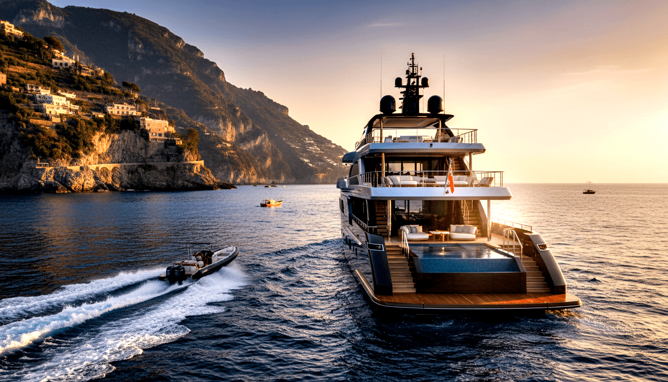 Dark navy superyacht with teak deck, pool, and white loungers; RIB tender cuts teal water before steep cliff-side buildings.