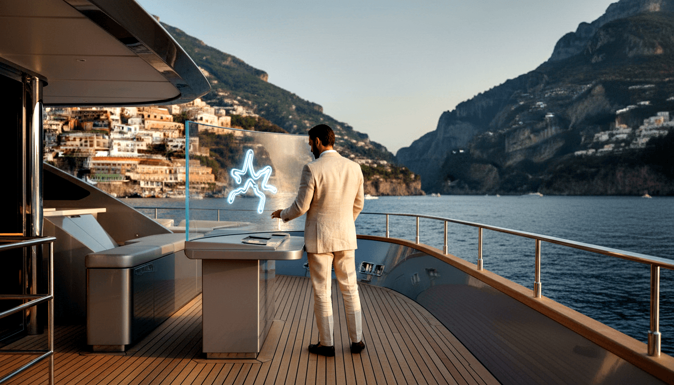 Person in cream linen suit stands on yacht stern deck facing a glowing neon-blue symbol on glass, with colorful cliff-side buildings beyond.